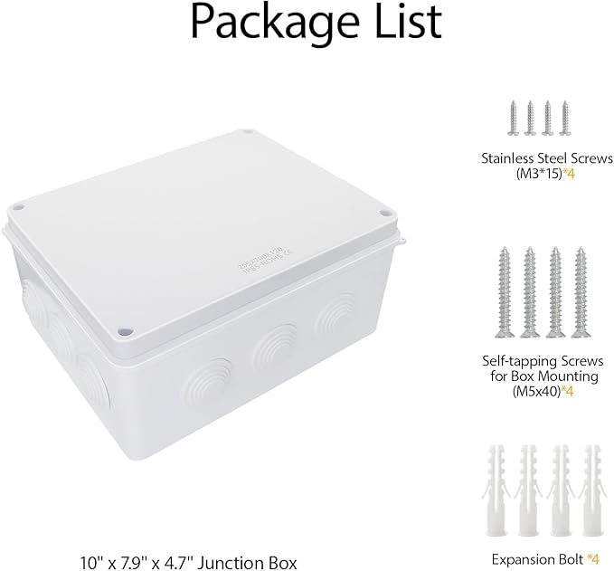LeMotech Junction Box, ABS Plastic IP65 Waterproof and Dustproof, Universal Electrical Enclosure, Outdoor and Indoor Project Box, 10" x 7.9" x 4.7", White