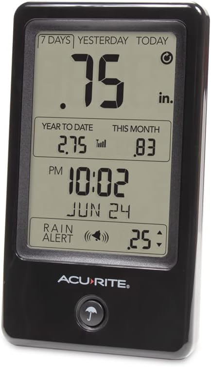AcuRite Wireless Rain Gauge with Self-Emptying Rain Collector with Rainfall History, Alerts, and Current Date and Time (02446M)