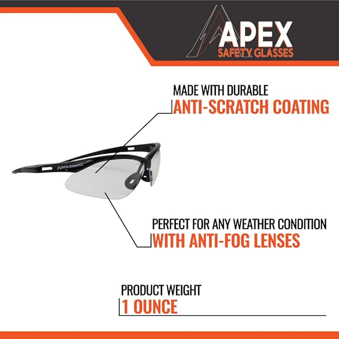Malta Dynamics APEX Safety Glasses – Anti Scratch and Anti Fog Protection, Construction Safety Glasses for Men and Women, ISEA & ANSI Z87 Compliant (Clear, 12 Pairs)
