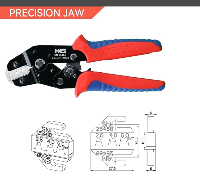 HKS Solar PV Cable Crimping Tool for Solar Connectors, AWG14-10 (2.5/4/6mm²) - 7 Inch Small Piler