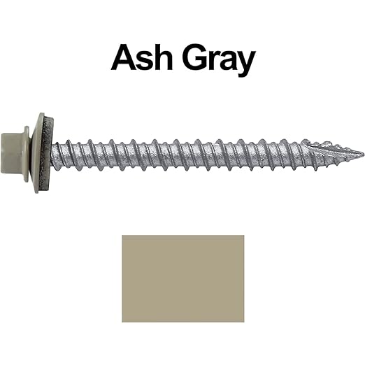 Metal Roofing Screws: (250) 10 x 2 Ash Gray Hex Head Sheet Metal Roof Screw. Self Starting Metal to Wood siding Screws. EPDM Washer. Colored Head