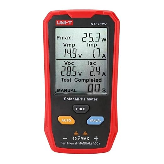 UNI-T UT673PV Solar Panel Tester, Solar MPPT Meter, 800W Photovoltaic Module Maximum Power Tester, Intelligent Manual/Auto MPPT Test, Large LCD and Multiple Result Displays