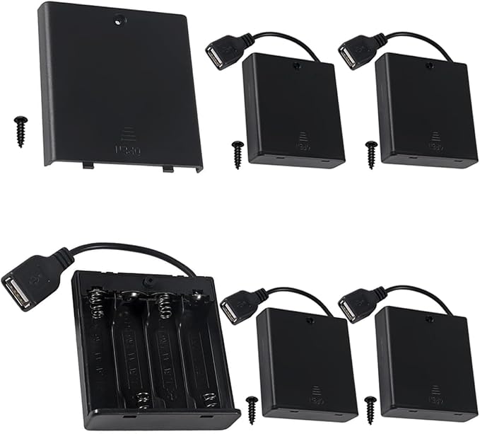 5 Pcs 4 AA Battery Holder, USB Female Socket, 4 x 1.5V AA Battery Box Holder with Cover (Batteries are not Included), ON/Off Switch, Screw,for Arduino RC LED Strip