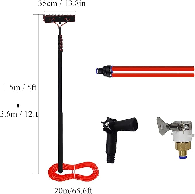 Extendable Water Fed Solar Panel Cleaner, Water Fed Telescopic Brush 3.6m | 35cm Brush, Telescopic Hydrocleaner for Cleaning Photovoltaic and Solar Panels Black