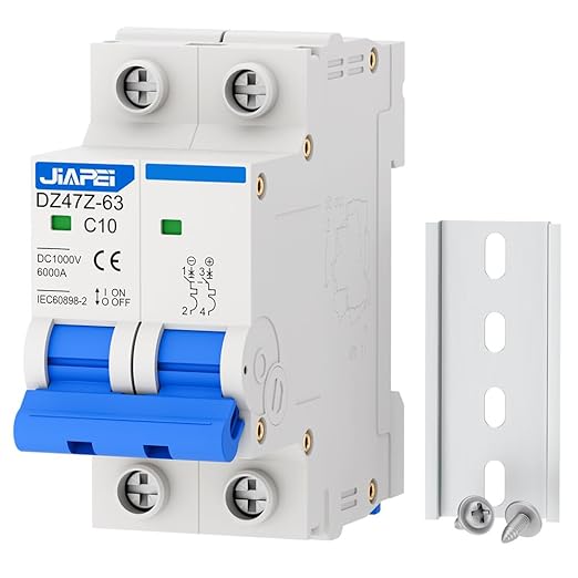 DC Miniature Circuit Breaker, 1000V 2 Pole 10 Amp Isolator for Solar PV System, Thermal Magnetic Trip DIN Rail Mount, C10 DC Disconnect Switch