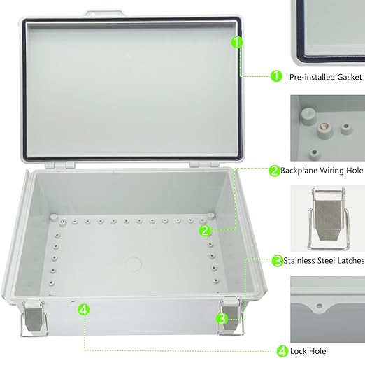 Zulkit Junction Box ABS Plastic Dustproof Waterproof IP67 Electrical Boxes Hinged Shell Outdoor Universal Project Enclosure Grey, Stainless Steel Buckles 13.8 x 9.8 x 5.9 Inch