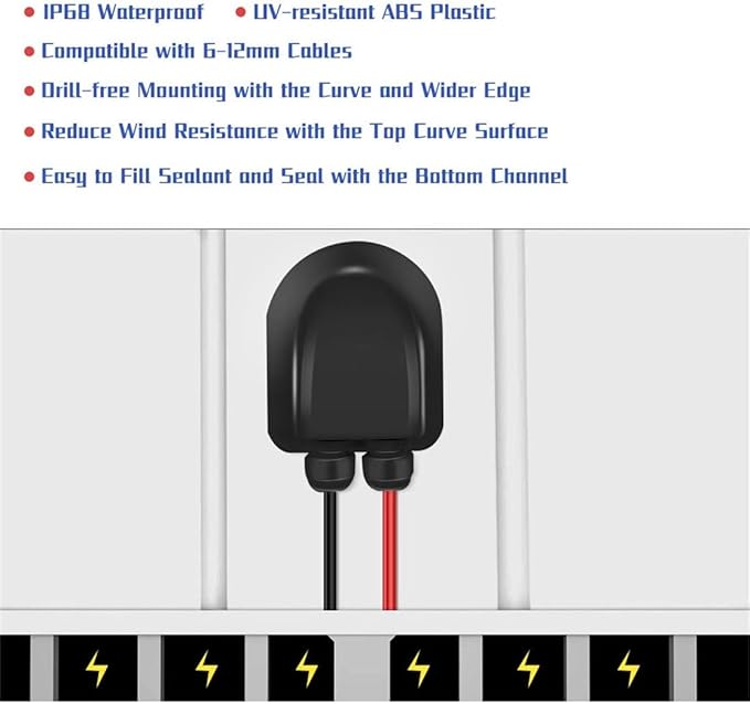 Solar Cable Entry Gland Waterproof Double Cable Connector Cover Solar Photovoltaic Junction Box Plastic Bracket Curved ABS Dual Wire Entry Housing for Solar Panels of RV, Caravan Boat