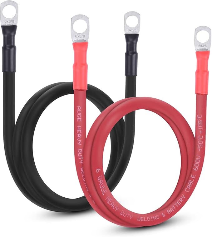 6 AWG Flexible Battery Cable with 3/8" Terminals - OFC Pure Copper Inverter & Welding Wire for Automotive Solar RV Motorcycle (Red + Black 3FT Pair)