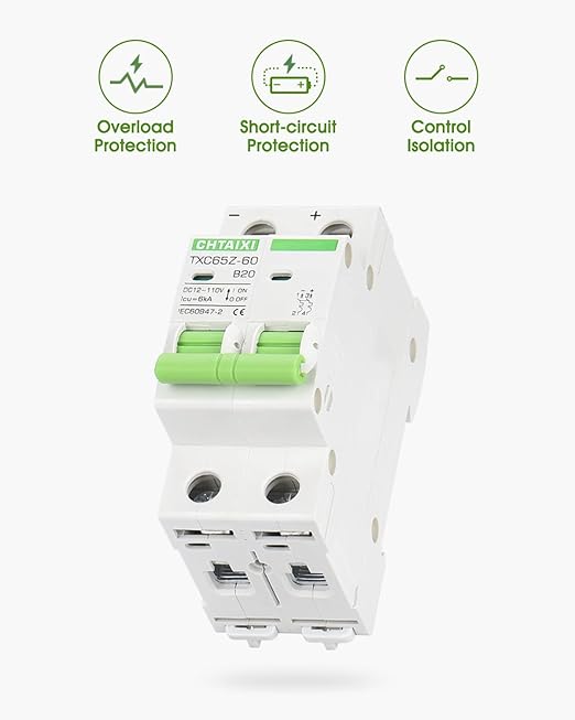 12V-110V DC Miniature Circuit Breaker, 20 Amp 2 Pole Battery Breaker Protector for Solar PV System and RV, Thermal Magnetic Trip, DIN Rail Mount, Chtaixi DC Disconnect Switch B20