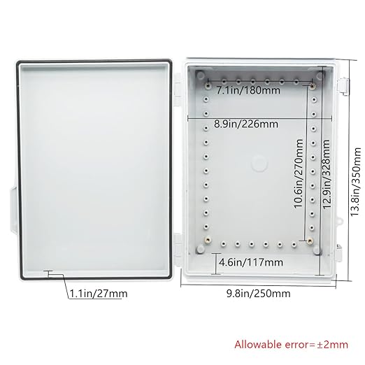 Zulkit Junction Box ABS Plastic Dustproof Waterproof IP67 Electrical Boxes Hinged Shell Outdoor Universal Project Enclosure Grey, Stainless Steel Buckles 13.8 x 9.8 x 5.9 Inch