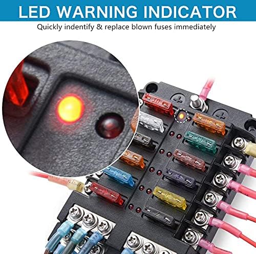 12 Volt Fuse Block, Marine Boat Fuse Block Waterproof 12 Way Automotive Fuse Box with 12 Ground Negative Busbar [100 Amp Max] [ATC/ATO Fuses] [LED Indicator] for Car RV Truck Golf Cart