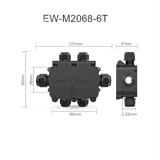 Waterproof Junction Box Outdoor, IP68 6-Way, Black, PA66 Nylon, Includes 4 Sets of Waterproof Rubber Plugs