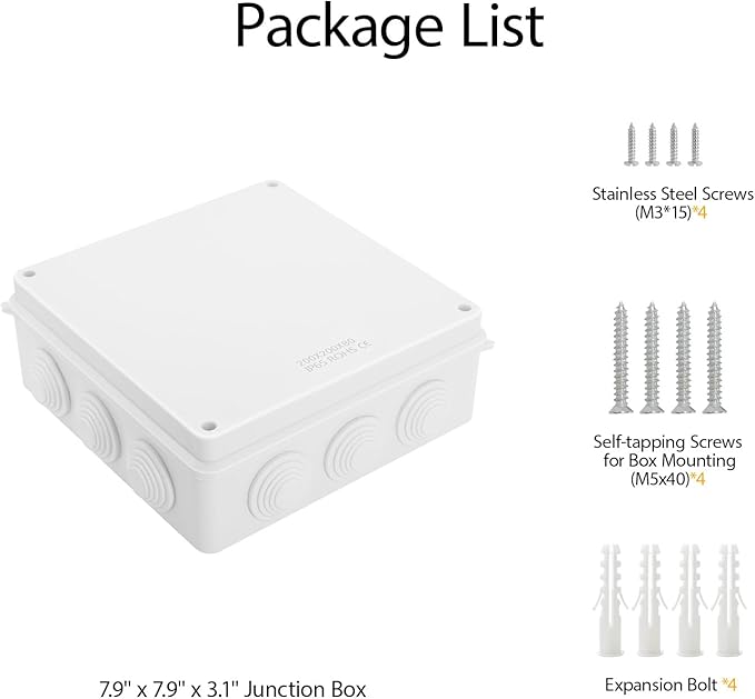 LeMotech ABS Plastic Dustproof Waterproof IP65 Junction Box Universal Electrical Project Enclosure White 7.9 x 7.9 x 3.1 inch (200 x 200 x 80 mm)