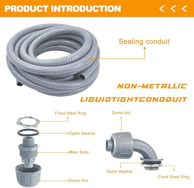 Liquid-Tight Conduit - 3/4inch 75 Foot Flexible Non Metallic Liquid Tight Electrical Conduit Kit, With 6 Straight and 5 90-Degree Conduit Connector Fittings
