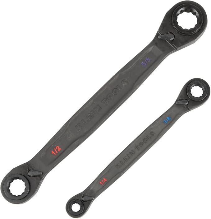 Klein Tools 68216 4-in-1 Reversible Ratcheting Box Wrench Set, Quad Wrench, SAE, 2-Piece, 1/4 to 3/4-Inch, Forged Steel, 90-Tooth