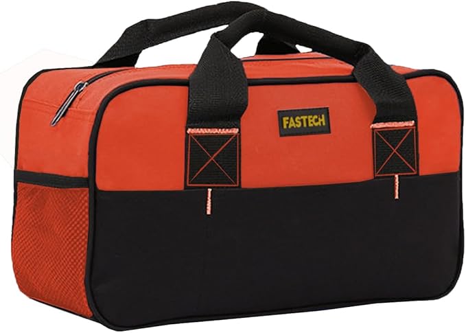 FASTECH 14 Inch Small Tool Tote Bag, Wide Mouth Zipper Bag, Waterproof Tool Organizer Bag, Multi-Pockets Wide Mouth Tool Tote For Man/Woman (Orange)