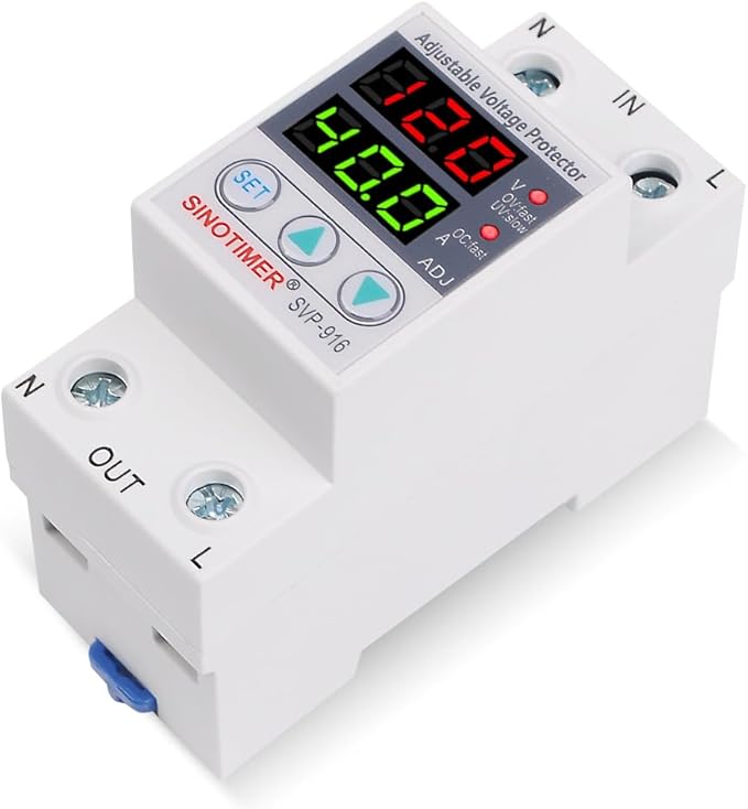 Adjustable Voltage Protector SINOTIMER Surge Protective Relay with 2 LED Displays Overvoltage and Undervoltage Current Limit Devices, 40A Load(Economical), Used in AC120V Residential