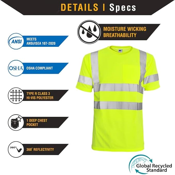 L&M® Hi Vis T Shirt ANSI Class 3 Reflective Safety Lime Orange Short Long Sleeve HIGH Visibility