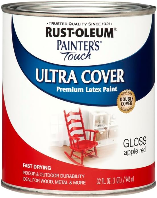 Rust-Oleum 1966502-2PK Painter's Touch Latex Paint, Quart, Gloss Apple Red, 1 Quarts (Pack of 2)