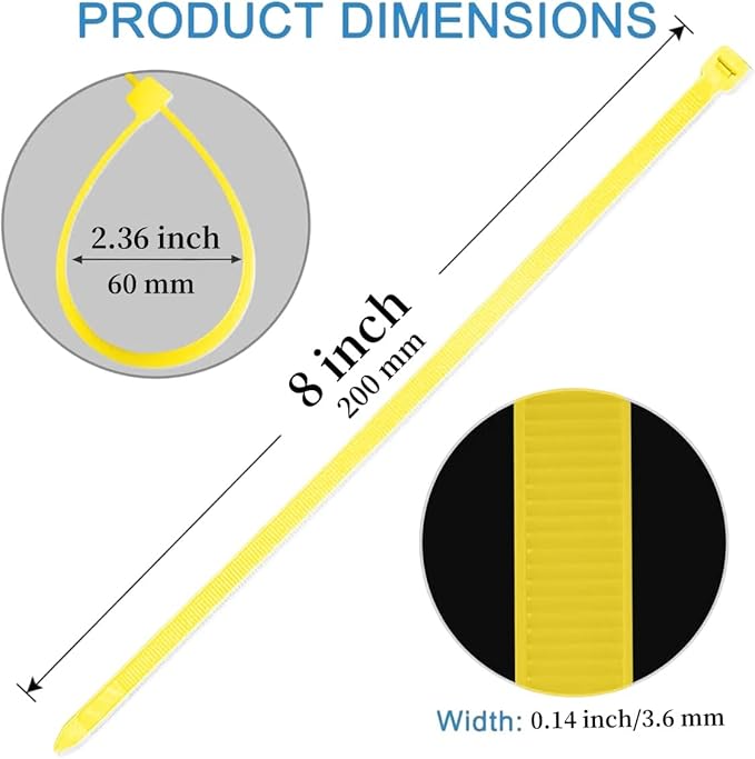 8 inch Zip Ties-0.14" Width, 25 PCS Wire Ties with 40lbs Strength, Self-Locking Nylon Cable Ties, UV Resistant, High/Low Temperature Resistant, for Home, Office, Fencing, and Gardening-Yellow