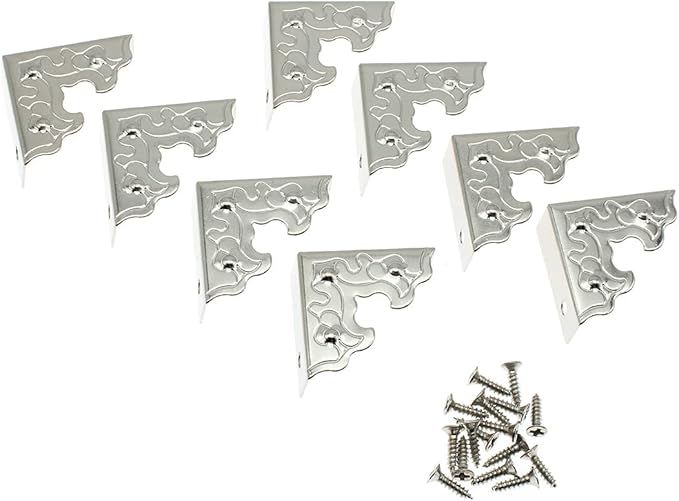 24 Pcs Vintage Corner Protectors Antique Triangle Guard Metal Edge Guard Box Wooden Jewelry Gift Box Cabinet Three Sides Full Encase Desk Edge Corner Guard with Mounting Screws (Silver)