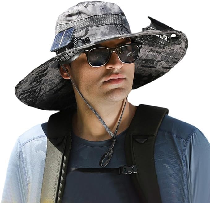 Solar Fan Hat, Wide Brim Solar Powered Fan Hat for Men Women, UPF 50+ Fishing & Beach Sun Hat with Solar Powered Fans