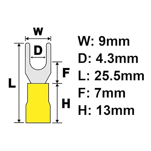 PAPUGA 25PCS 12-10 AWG (4-6 mm2) #8 / M4 Wide Version Insulated Fork Spade Crimp Connector, 600V 48A, CE RoHS Battery Cable Lug Heavy Duty Crimp Connector, Automotive Wiring