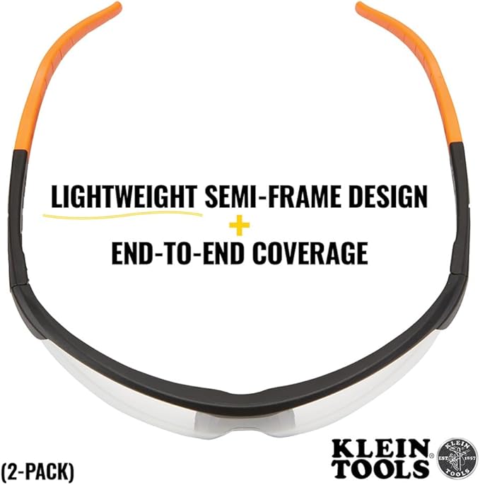 KLEIN TOOLS 60171 Safety Glasses, PPE Protective Eyewear with Semi Frame, Scratch Resistant and Anti-Fog, Clear Lens, 2-Pack