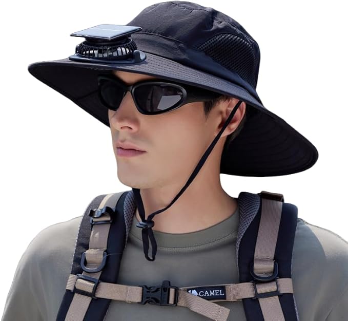 Extra Wide Brim Solar Fan Hat, Mens Fishing Hat with Fan, Neck Flap Sun Hat, UPF 50+ Solar Powered Cooling Cap Fisherman Hats