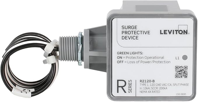 Leviton Type 1 Surge Protective Panel, Residential Home Surge Protection, 120/240 VAC, Split Phase, 36kA per Phase, R2120-B SPD (Pack of 3)