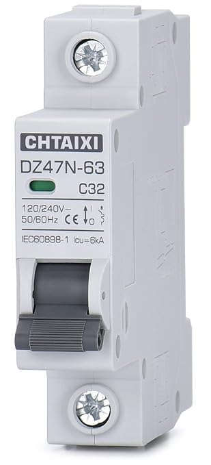 AC Miniature Circuit Breaker, 32 Amp 120V/240V 1 Pole DIN Rail Mount Circuit Breaker, Thermal Magnetic Trip, Solar AC Disconnect Switch MCB C32