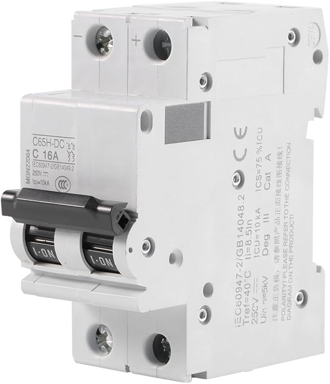 DC Miniature Circuit Breaker, Low Voltage 2 Pole 250V 16A DIN Rail Mount, DC Disconnect Switch for Solar Panels Grid DC System (16A)