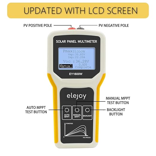 Elejoy 1600W Solar Panel Tester MPPT Photovoltaic Panel Multimeter Upgraded EY-1600W with Ultra Clear LCD Display, Smart MPPT Tools for Testing Solar PV Panel Data and Troubleshooting (EY-1600W)