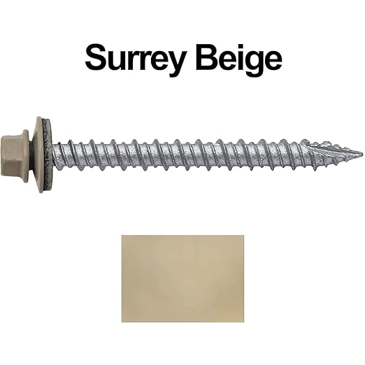 Metal ROOFING SCREWS: (250) 10 x 2" Surrey Beige Hex Head Sheet Metal Roof Screw. Self starting metal to wood siding screws. EPDM washer. Colored head