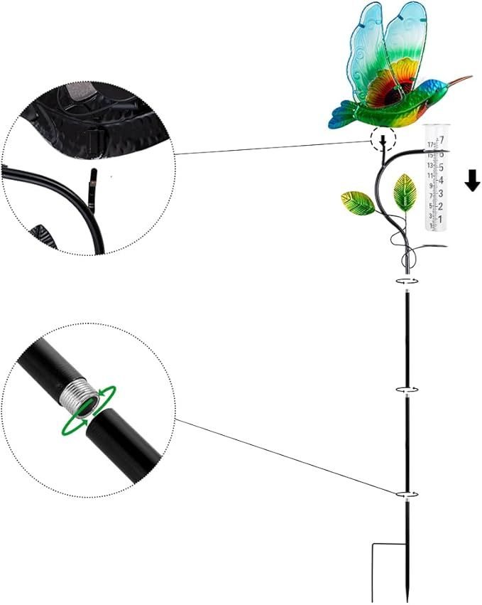 Rain Gauge Outdoor, Solar Hummingbird Rain Gauge with Metal Stake, 7 Inch Tube Decorative Rainfall Measurement, Stained Glass Rain Measure Gauge for Garden, Lawn, Patio