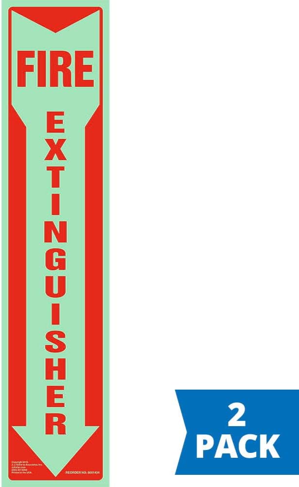 Fire Extinguisher Signs Glow in The Dark 2-pk., 3" x 13.5" Permanent Self Adhesive Vinyl with Rounded Corners, ASTM, DIN, ISO, IMO RES A.752(18), PSPA Compliant, J. J. Keller & Associates, Inc.