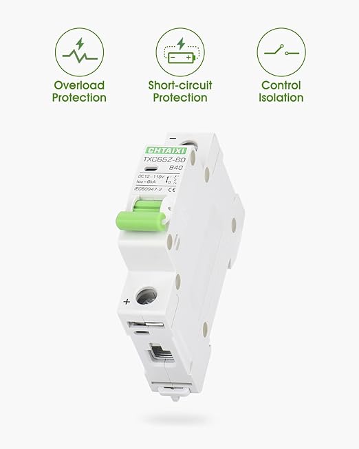 12V-110V DC Miniature Circuit Breaker, 40 Amp 1 Pole Battery Breaker Protector for Solar PV System and RV, Thermal Magnetic Trip, DIN-Rail/Surface Mount, Chtaixi DC Disconnect Switch B40