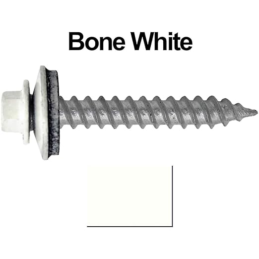 Metal Roofing Screw: (250) 12 x 1-1/2" Bone White Hex Sheet Metal Roof Screw. Sharp Point Metal to Wood siding Screws. 5/8" EPDM Washer.