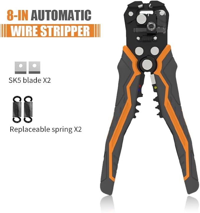 Automatic Wire Stripper, 3 in 1 Stripper/Cutter/Crimping Heavy Duty Multi-Function Tool for 8-18 AWG Electrical Wire, Comes with Replaceable Stainless Steel Blades & Springs, 8 Inch