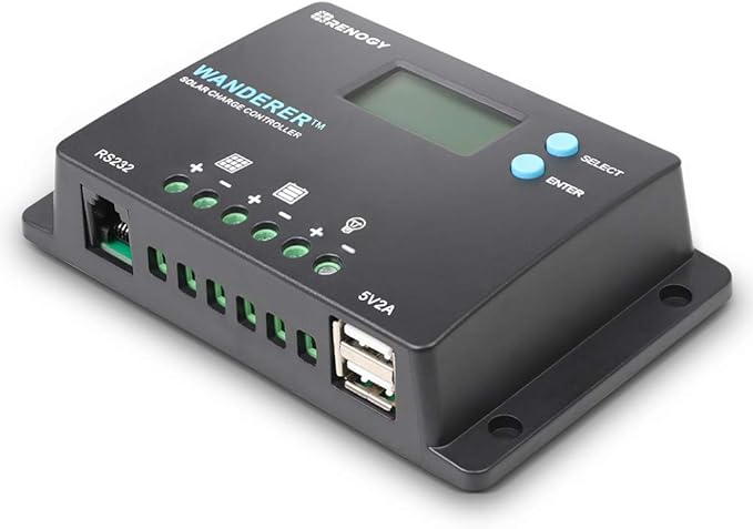 Renogy 10 Amp 12V/24V PWM Negative Ground Solar Charge Controller Compact Design w/LCD Display for AGM, Gel, Flooded and Lithium Battery, Wanderer 10A
