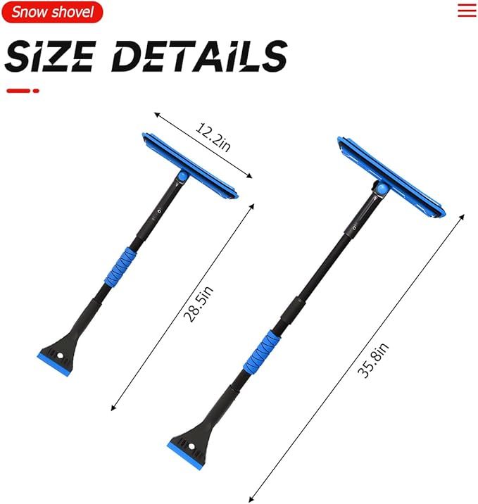 BELOMI 36" Car 3-in-1 Snow Brush, Detachable & Extendable Ice Scraper with Wide Foam Head & Ergonomic Grip, Lightweight Aluminum Snow Removal Tools Windshield & Paint Safe Shovel for Vehicle (Blue)