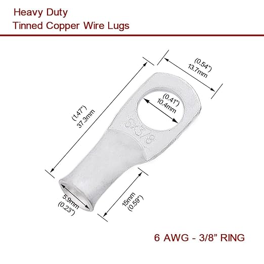 6 AWG 3/8" Stud (25 pcs.), Heavy Duty Tinned Battery Cable Lugs 6 Gauge Wire Connectors 6 AWG Ring Terminals Copper Wire Lugs Bare Copper Eyelets
