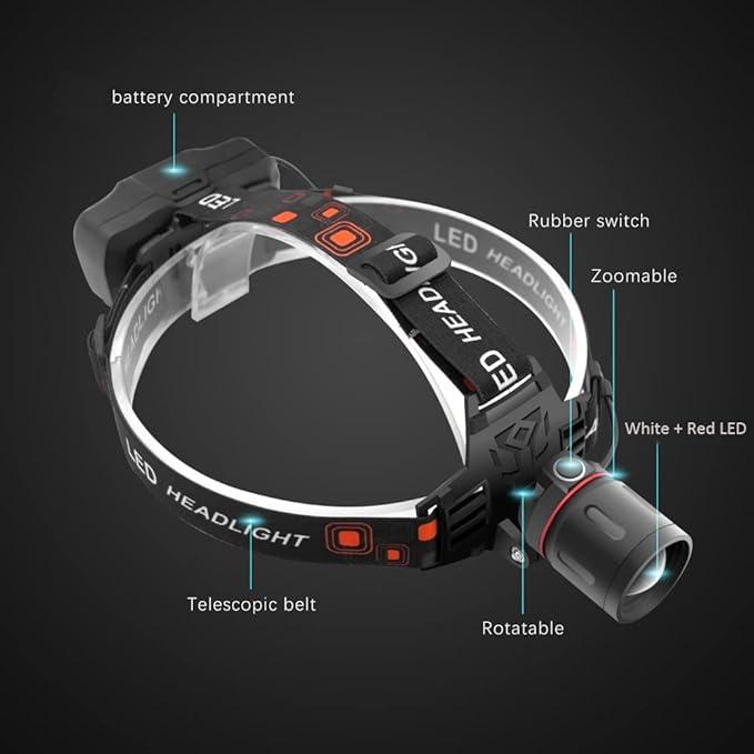 LED Headlamp with Red and White Light, Tactical Hunting Headlamps Red Light Headlight Zoomable Head Torch for Hunting, Night Vision, Astronomy, Camping