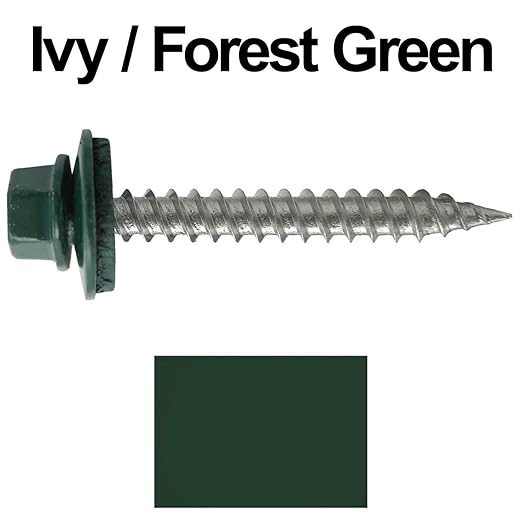 Stainless Steel Metal Roofing Screws (250) 9 x 1-1/2" Ivy Green hex Head Sheet Metal Roofing Screw. Self-Piercing (SP) tip Metal to Wood siding Screws EPDM Washer