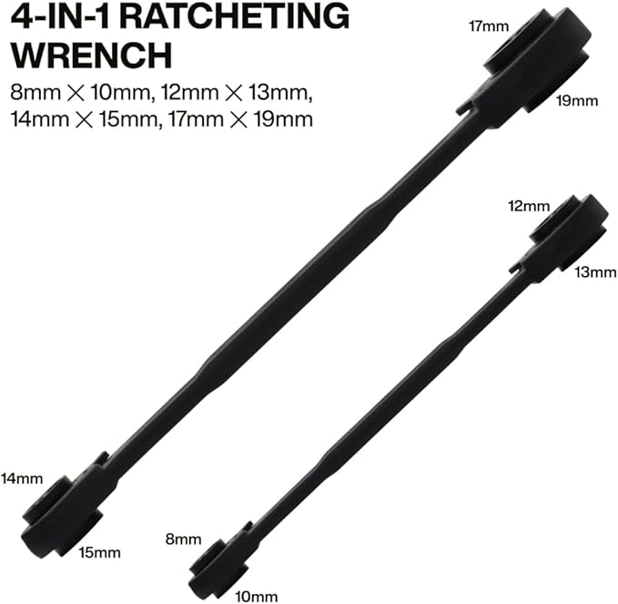 KLEIN TOOLS 68216M 4-in-1 Reversible Ratchet Wrenches Set, 2-Piece, Eight Metric Hex Sizes, 8mm x 10mm, 12mm x 13mm, 14mm x 15mm, and 17mm x 19mm Box Wrench Set, 90-Tooth Ratchet, Pass-Through Design