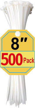 Zip Ties 8 Inch, 500 Pack, White Cable Ties for Multi-Purpose, Nylon/Plastic Wire Ties for Home Improvement, Office & Outdoor Use (Clear-Colored Style), 40lb Tensile Strength.