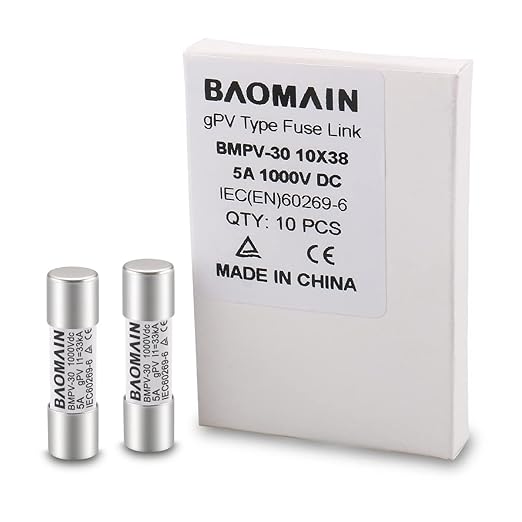 Baomain 10-Pack gPV Solar PV Fuse 5A 1000V DC, 10x38mm, 33kA Breaking Capacity, CE Listed for Photovoltaic Systems, Combiner Boxes (5 Amp.)