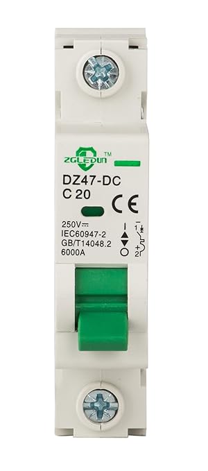 DC Miniature Circuit Breaker, 1 Pole 20 Amp, 110V-250VDC, 6kA Din Rail Mount Breaker with Thermal Magnetic Trip, DZ47-63 C20 1P, DC Solar MCB