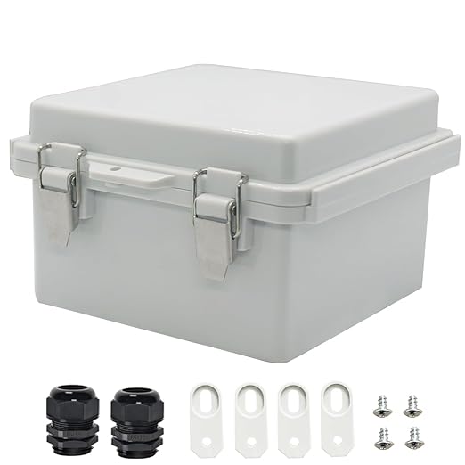 Zulkit Junction Box ABS Plastic Dustproof Waterproof IP67 Electrical Boxes Hinged Shell Outdoor Universal Project Enclosure Grey Clear Cover, Stainless Steel Buckles (5.9"x5.9"x3.5" GC k)