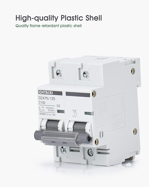 AC Miniature Circuit Breaker, 100 Amp 120V/240V 2 Pole DIN Rail Mount Circuit Breaker, Thermal Magnetic Trip, Solar AC Disconnect Switch MCB 2P C100